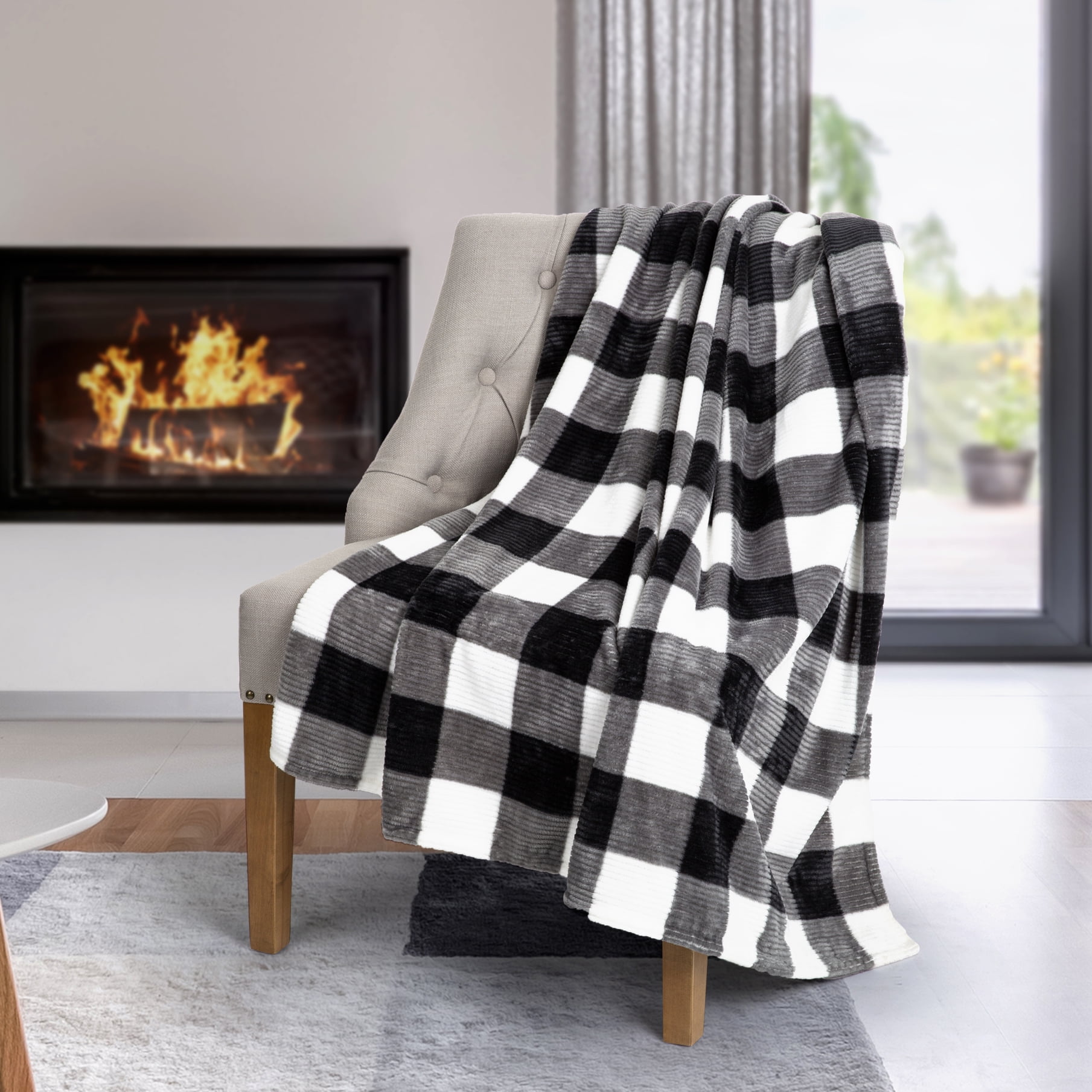 Safdie & Co. Flannel Printed Ribbed Throw Blanket, Black and White