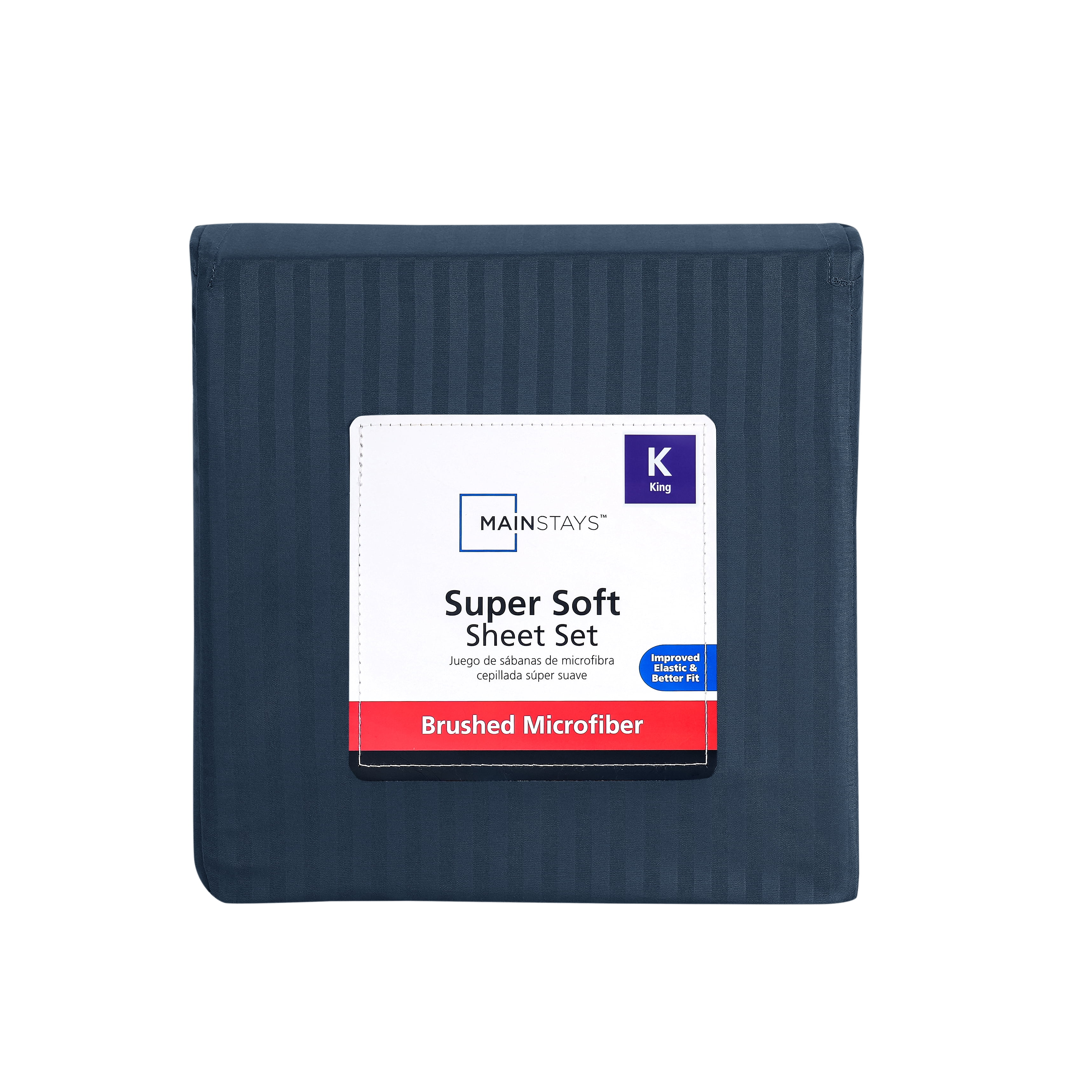 Mainstays Super Soft Brushed Microfiber Bed Sheet Set, Navy Blue Embossed Stripe, King, 4 Piece