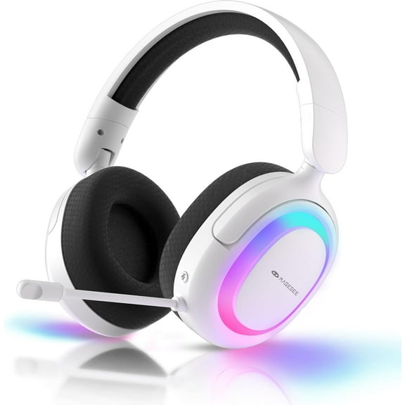 MageGee Aurora 2.4GHz Wireless Gaming Headsets for PS5, PS4, PC, Switch Bluetooth 5.3 Headphones with Noise Canceling Mic, 7.1 Surround Sound, Gaming Lighting, 40H Battery - White