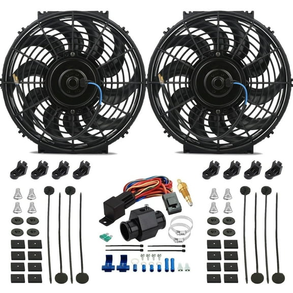 Dual 12-13 Inch 90w Electric Fans Radiator In-Hose Grounding Temp Switch Kit