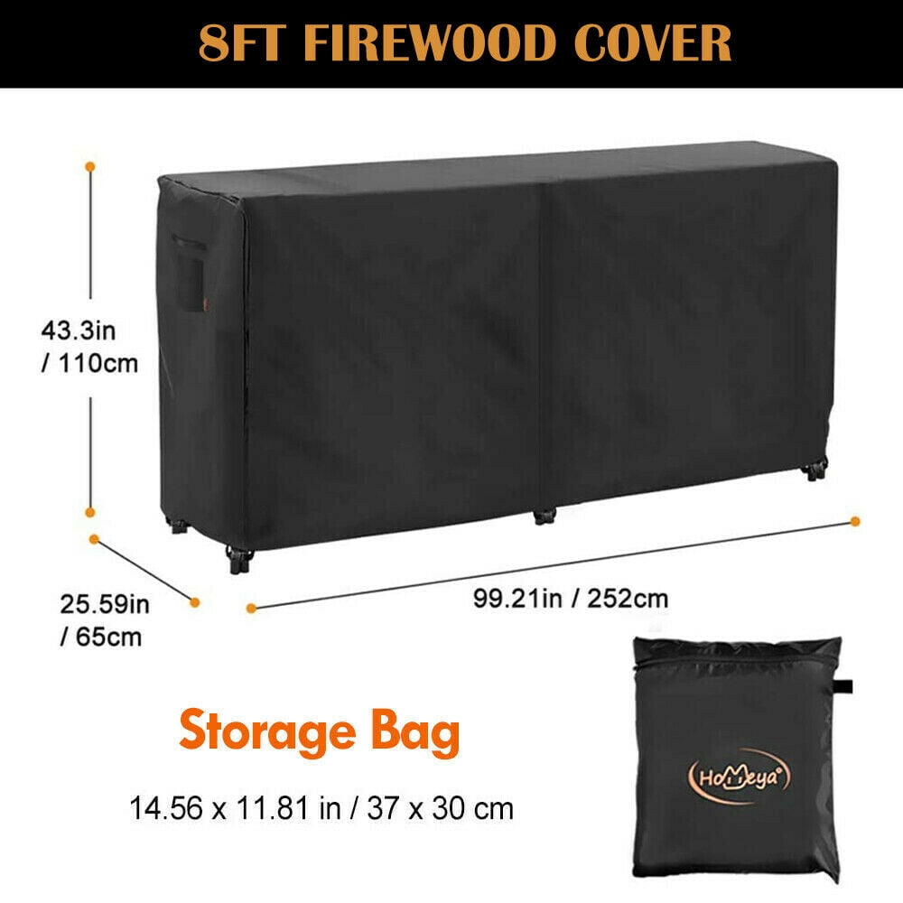 Firewood Rack Cover, IC ICLOVER Waterproof 8 feet Log Rack Cover, Windproof Dry Wood Pile Holder Storage Tarp Cover Heavy Duty Outdoor UV Resistant Sun Snow Rain Protector Fit 4 Seasons Black