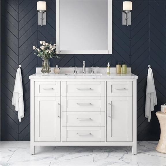 Pemberly Row 48" Bathroom Vanity in White with Carrara Marble Countertop