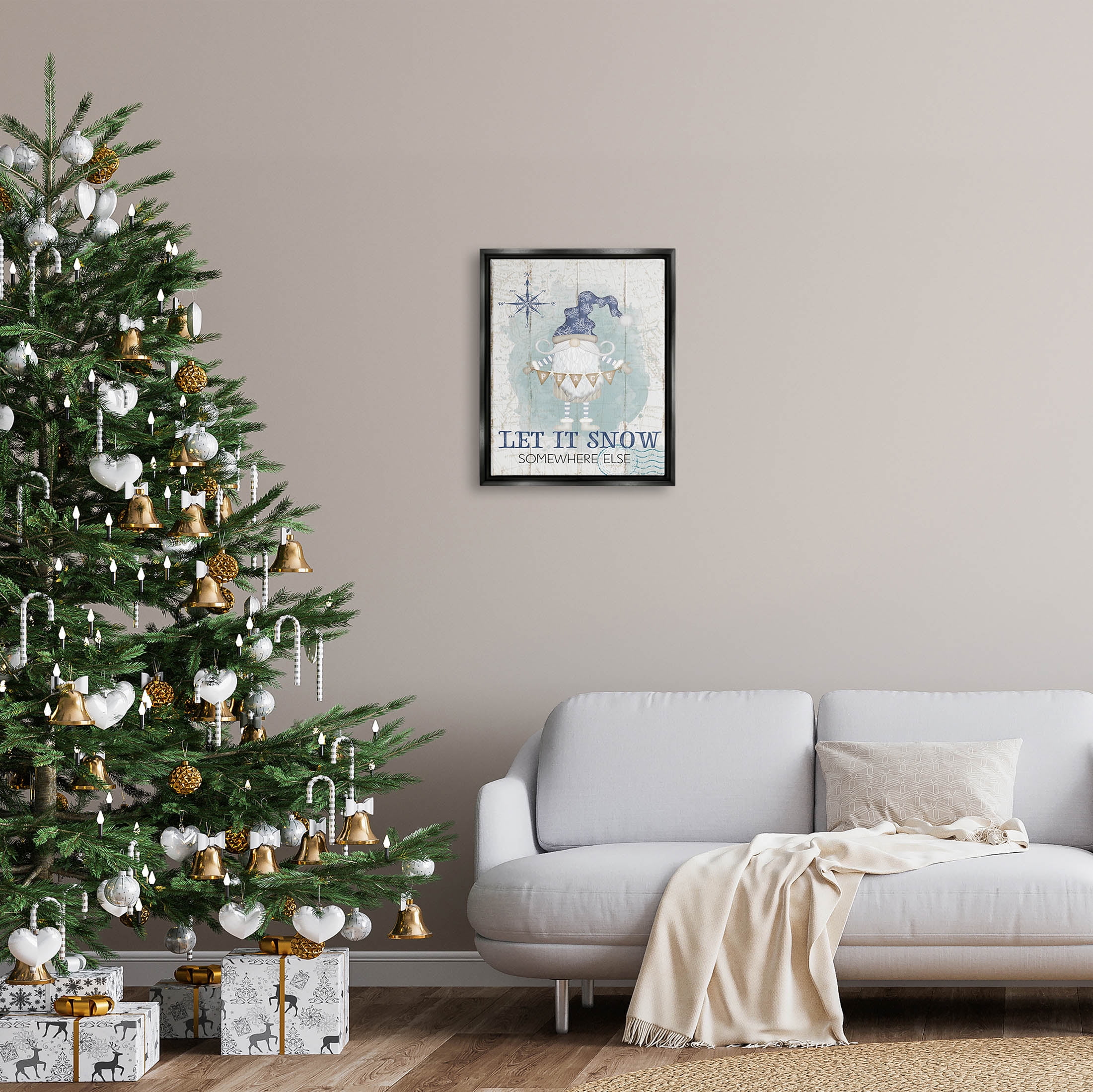 Stupell Industries Let It Snow Somewhere Else Gnome Graphic Art Jet Black Floating Framed Canvas Print Wall Art, Design by Jennifer Pugh