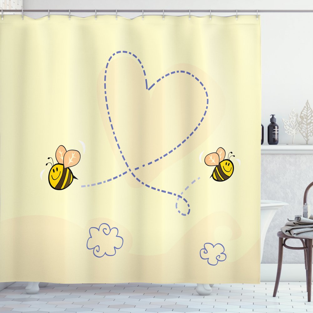 Honey Bee Shower Curtain, Buzzing Flies Forming a Heart Drawn by Hand