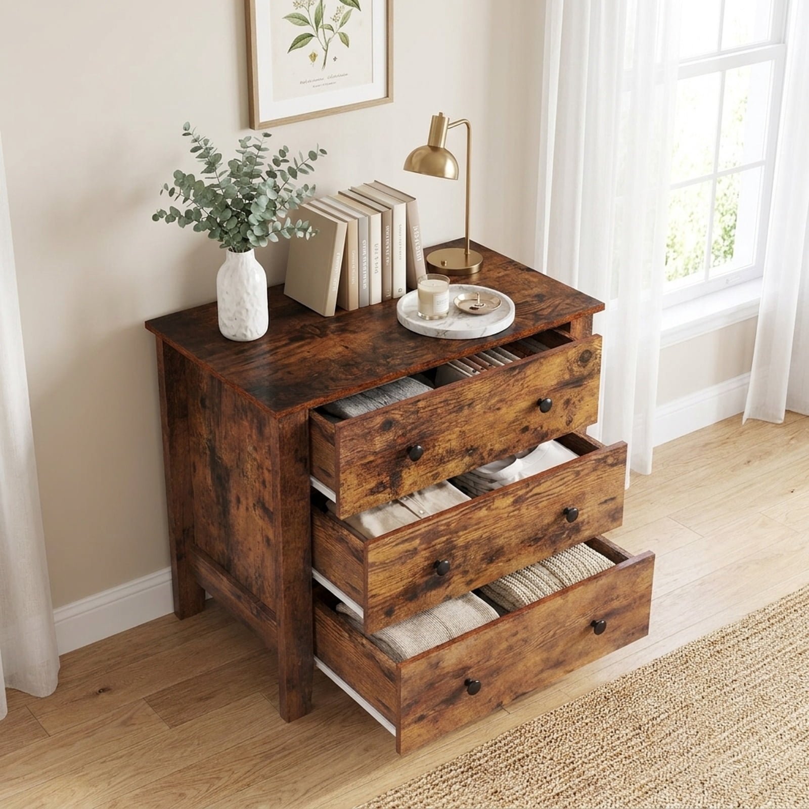 Furnibear 3 Drawer Dresser Chest of Drawers Bedside Table for Bedroom Closet Living Room Nursery Clothes Storage, Rustic Brown
