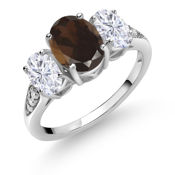 Gem Stone King 10K White Gold Brown Smoky Quartz White Moissanite and White Lab Grown Diamond 3 Stone Engagement Ring for Women (2.24 Cttw, Gemstone Birthstone, Available in Size 5, 6, 7, 8, 9)