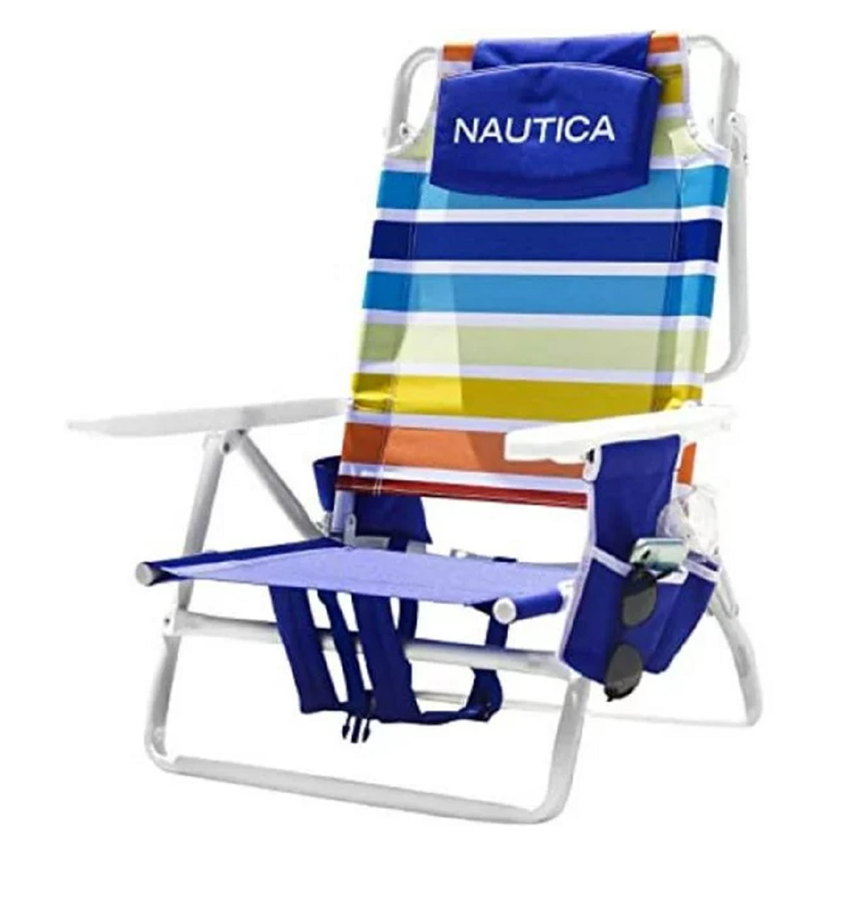 Nautica Portable Beach Chair, Double Cup Holder, Padded Straps (Rainbow Stripe)