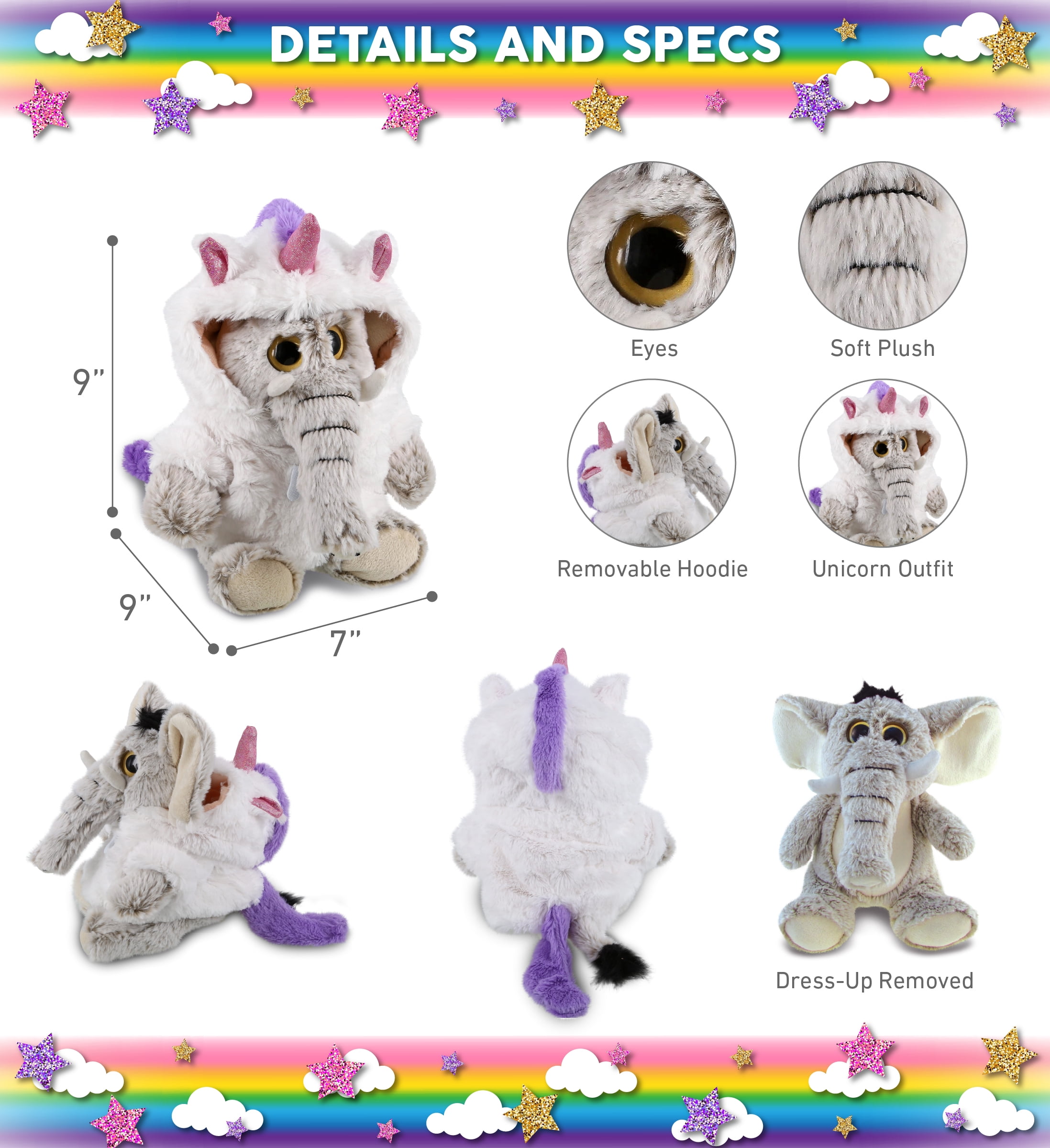 DolliBu Sitting Elephant Unicorn Plush Stuffed Animal Toy - Super Soft Bearcorn Dress Up with Removable Plush Unicorn Outfit, Cute Fantasy Wildlife Gift - 9 Inch