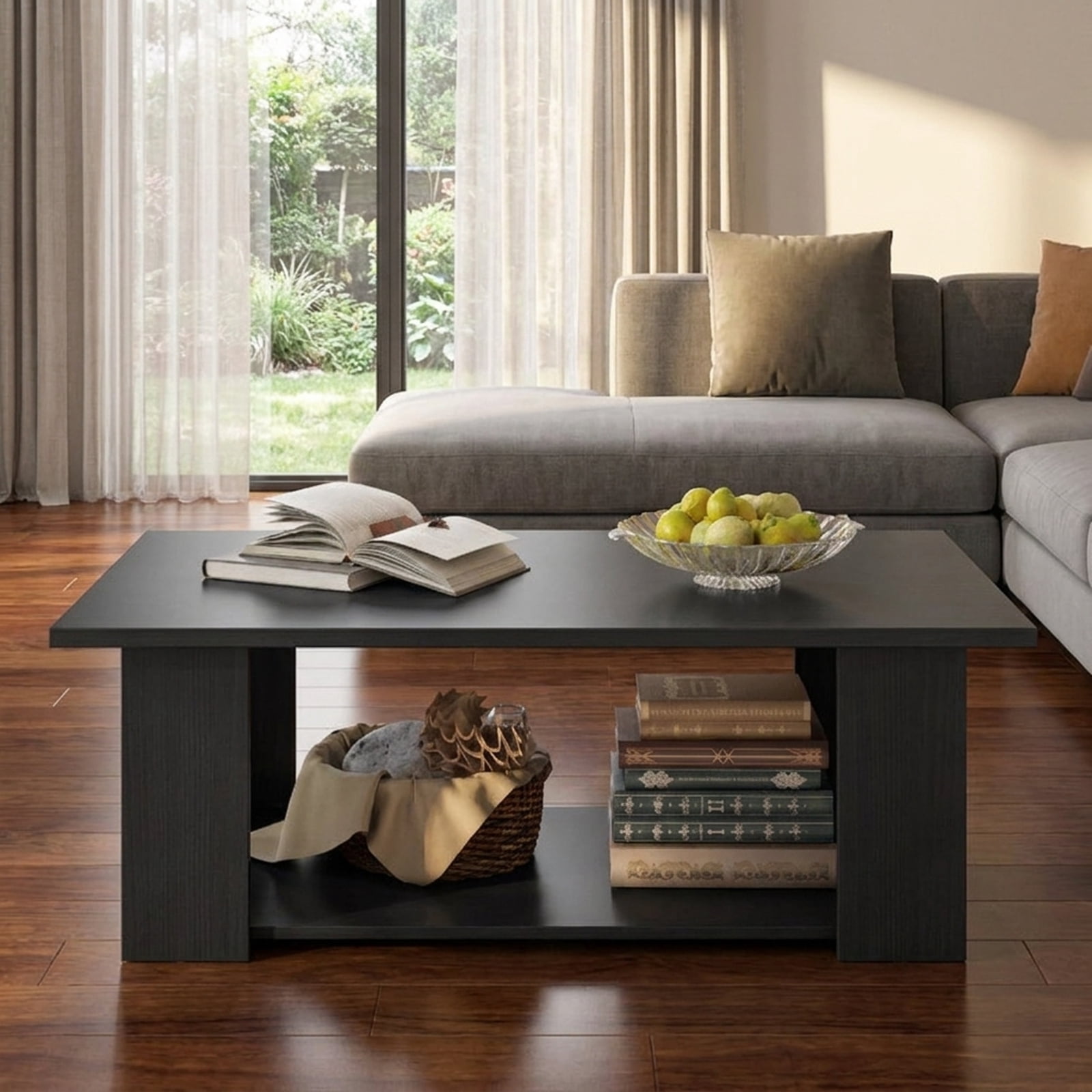 Furnibear Large 36/41 Inch 2-tier Wooden Modern Coffee Table with Storage Shelf - Black - Living Room Cocktail Center Table