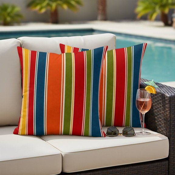 Vertical Stripes Outdoor Waterproof Throw Pillow Covers Set of 2, 24"x24", Modern Minimalist Orange Red Green Blue Band Decorative Pillow Covers Outside Cushion Case for Patio Porch Garden