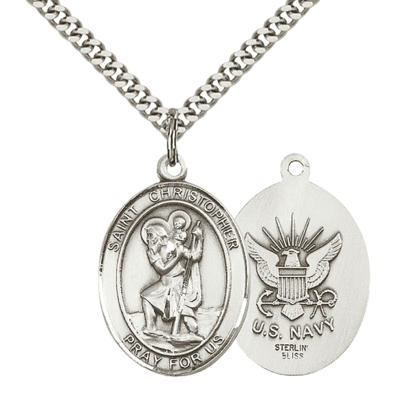 Mens Oval Pewter Saint Christopher Navy Medal Pendant on 24" Rhodium Plated Heavy Curb Brass Chain with Lobster Claw clasp, Catholic Religious Necklace -Made in USA- Deluxe Velvet Gift Box