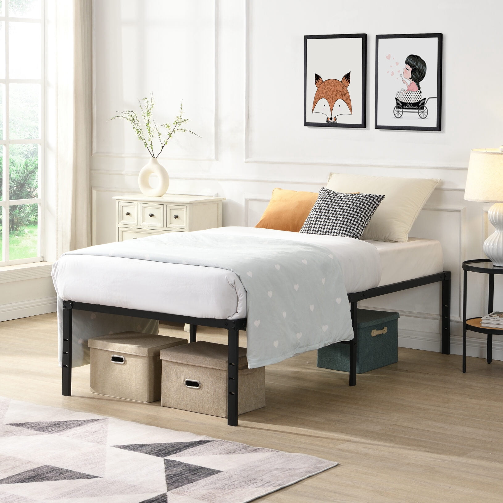 16" High Twin Size Bed Frame, Heavy Duty Metal Bed Frame, Quick Assembly Mattress Foundation with Steel Slat Support, No Box Spring Needed, Noise Free, Black