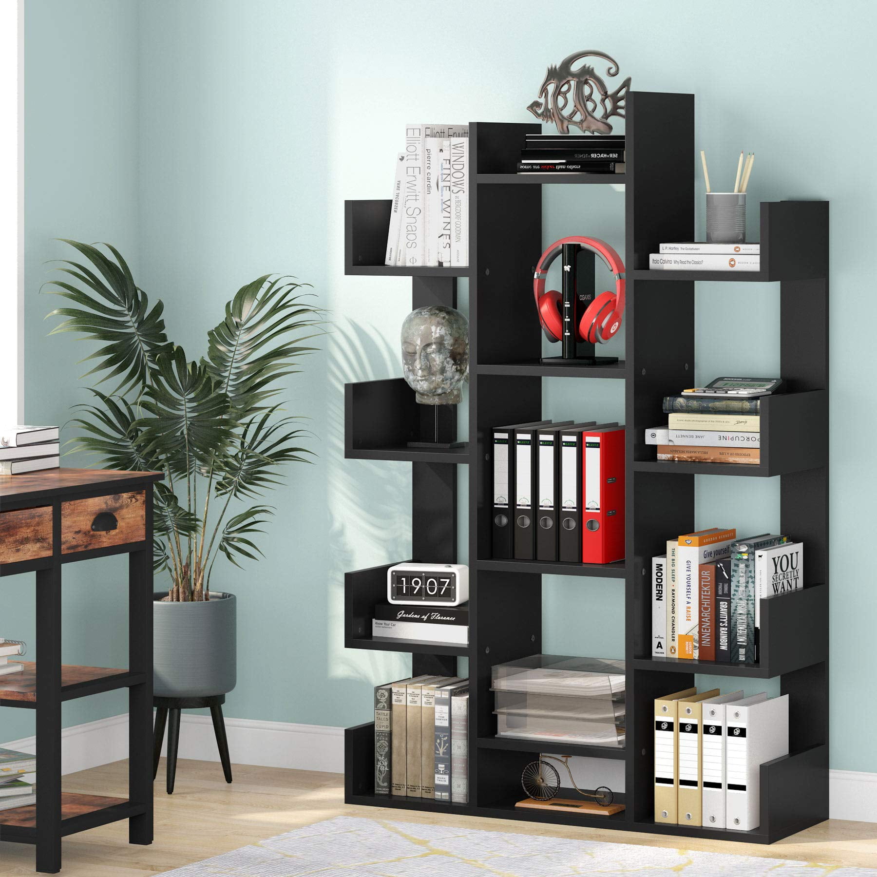Modern Wide Bookshelf 12 Open Shelves Bookcase Vintage Book