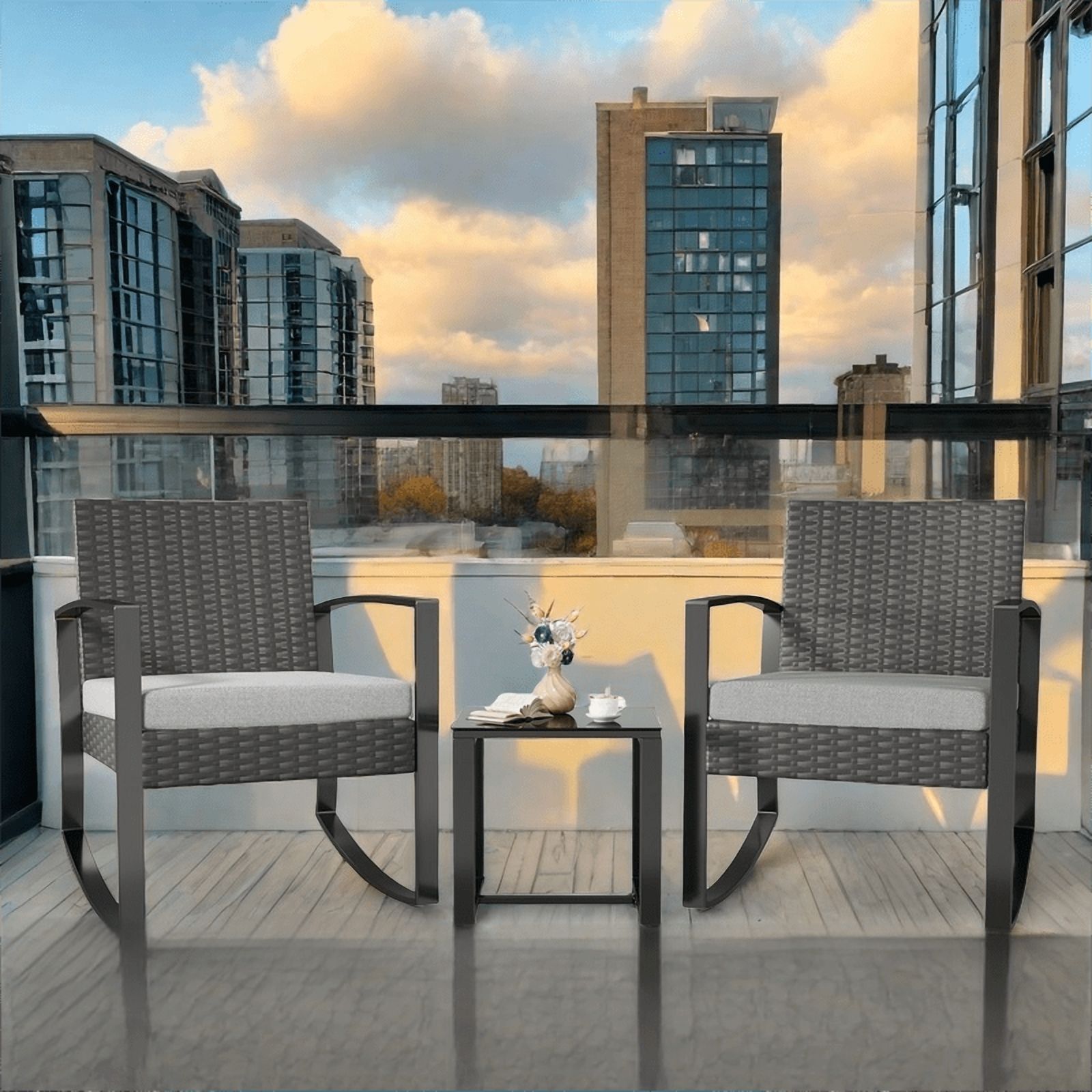 Lofka 3-Piece Patio Furniture Set, Outdoor Rocking Chairs with Thickened Cushions and Coffee Table for Garden, Balcony, Camping, Gray