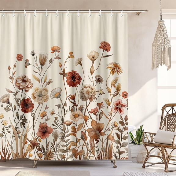 Vintage Boho Beige Floral Shower Curtain, Brown Cream Tan Rustic Farmhouse Flower Shower Curtain Set, Cute Botanical Wlidflowers Fabric Shower Curtains Decoration, 72X72 Aesthetic Bathroom