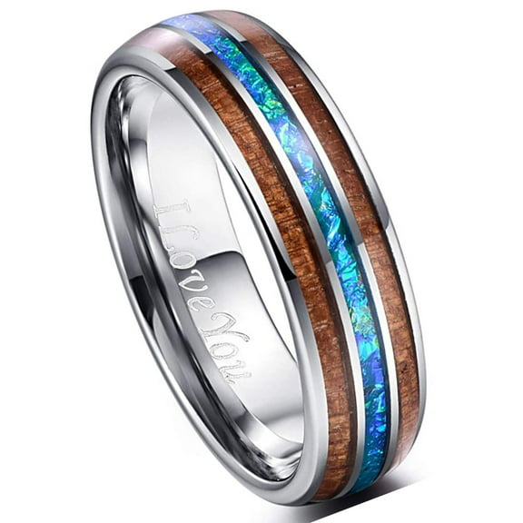 Vakki Hawaiian Koa Wood Tungsten Rings Blue Center Wedding Bands for Men Women 6mm