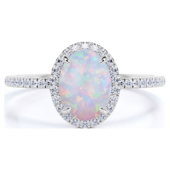 JeenMata Antique 1.5 ct Oval Cut Lab Created Opal and Moissanite Halo Promise Ring in 18k White Gold over Silver