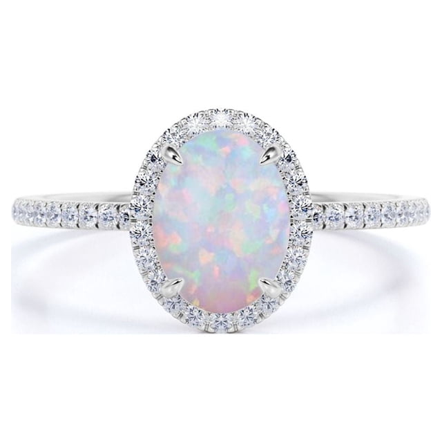 JeenMata Anillo de Compromiso Antiguo con Halo de Moissanita y Ópalo de Talla Ovalada de 1,5 Uds en Oro Blanco de 18 K sobre Plata