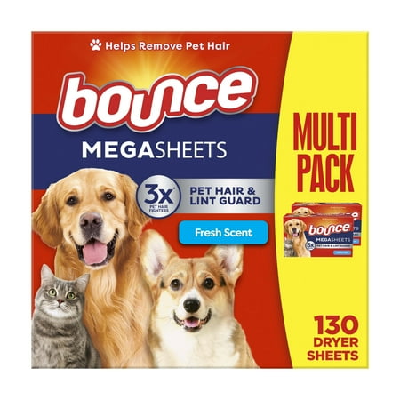 Bounce Pet Hair And Lint Guard Mega Dryer Sheets, Fresh Scent, 130 Count