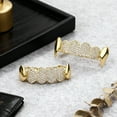 thumbnail image 6 of Copper Zirconia Vampire Fang Grillz Set, Gold & Silver Tone Iced Teeth Caps with Dense Stone Arrangement, Hip Hop Party Dental Jewelry for Men & Women, 6 of 9