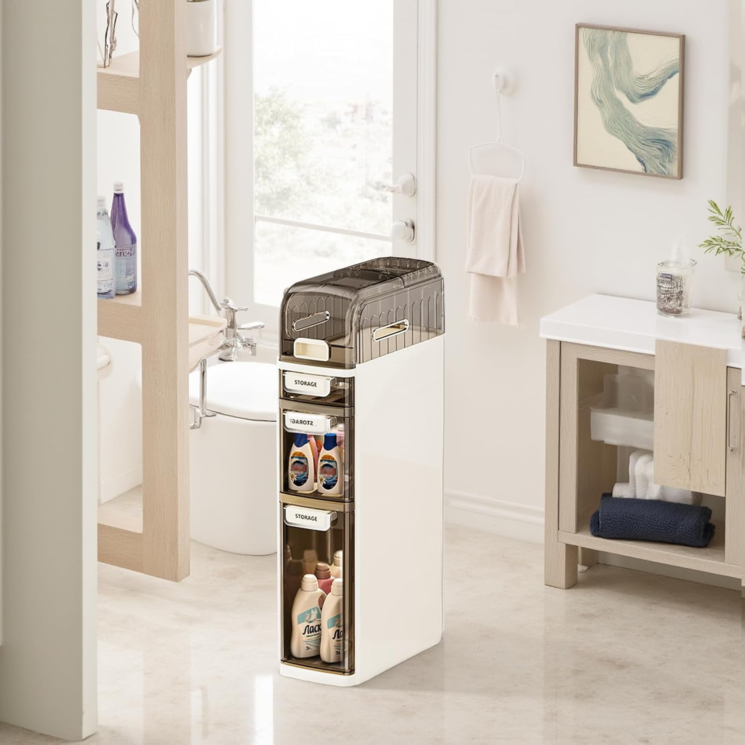 Homhougo 4-Tiers Slim Bathroom Storage Cabinet, Narrow Storage Waterproof Skinny Bathroom Cabinet with Wheels and Toilet Paper Holder for Small Spaces, Bathroom, Kitchen