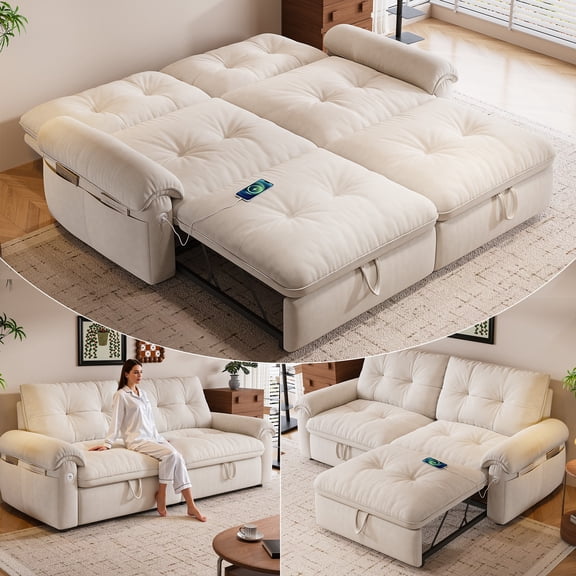 LLappuil 77" Pull Out Sofa Bed Queen Size, Loveseat Sofa Convertible Sleeper Sofa Bed, Flannelette Fabric Sofa Couch for Living Room Beige