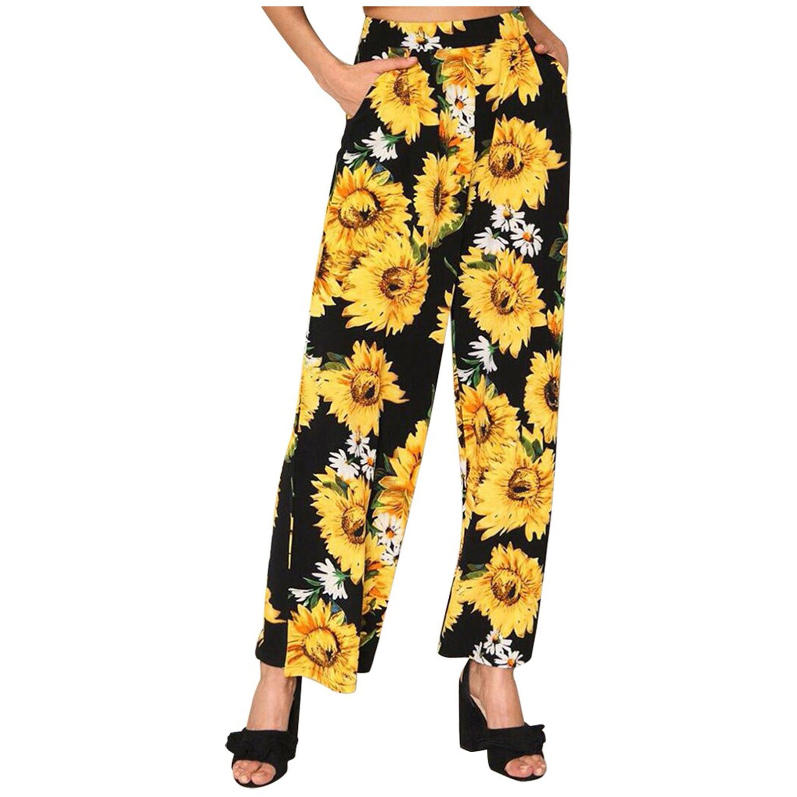 Sunhusing Womens Sunflower Printed Mid-Waisted Flare Pants Trousers Ladies Summer Loose Home Long Pants