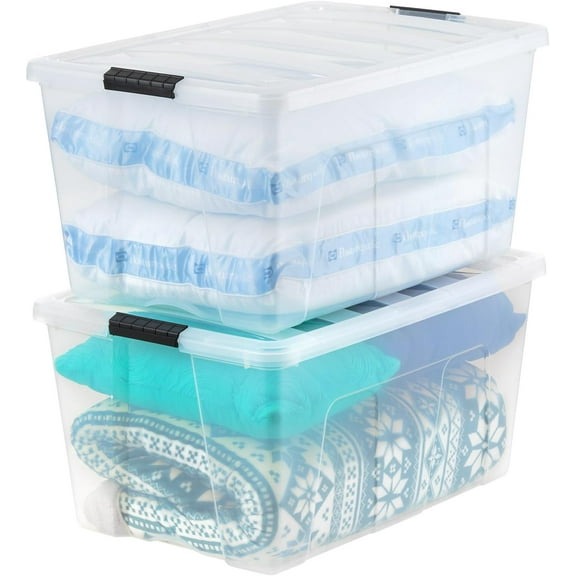 IRIS USA 2 Pack 94 Quart Stackable Plastic Storage Bins with Lids and Latching Buckles for Clothes