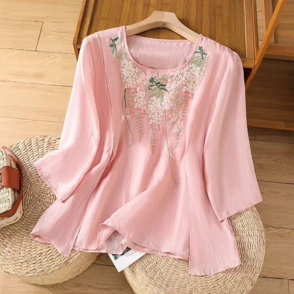 Embroidered Tops for Women 3/4 Sleeve Boho Tops Cotton Linen Plus Size Crewneck Tunic Peasant Blouses Pink 2XL