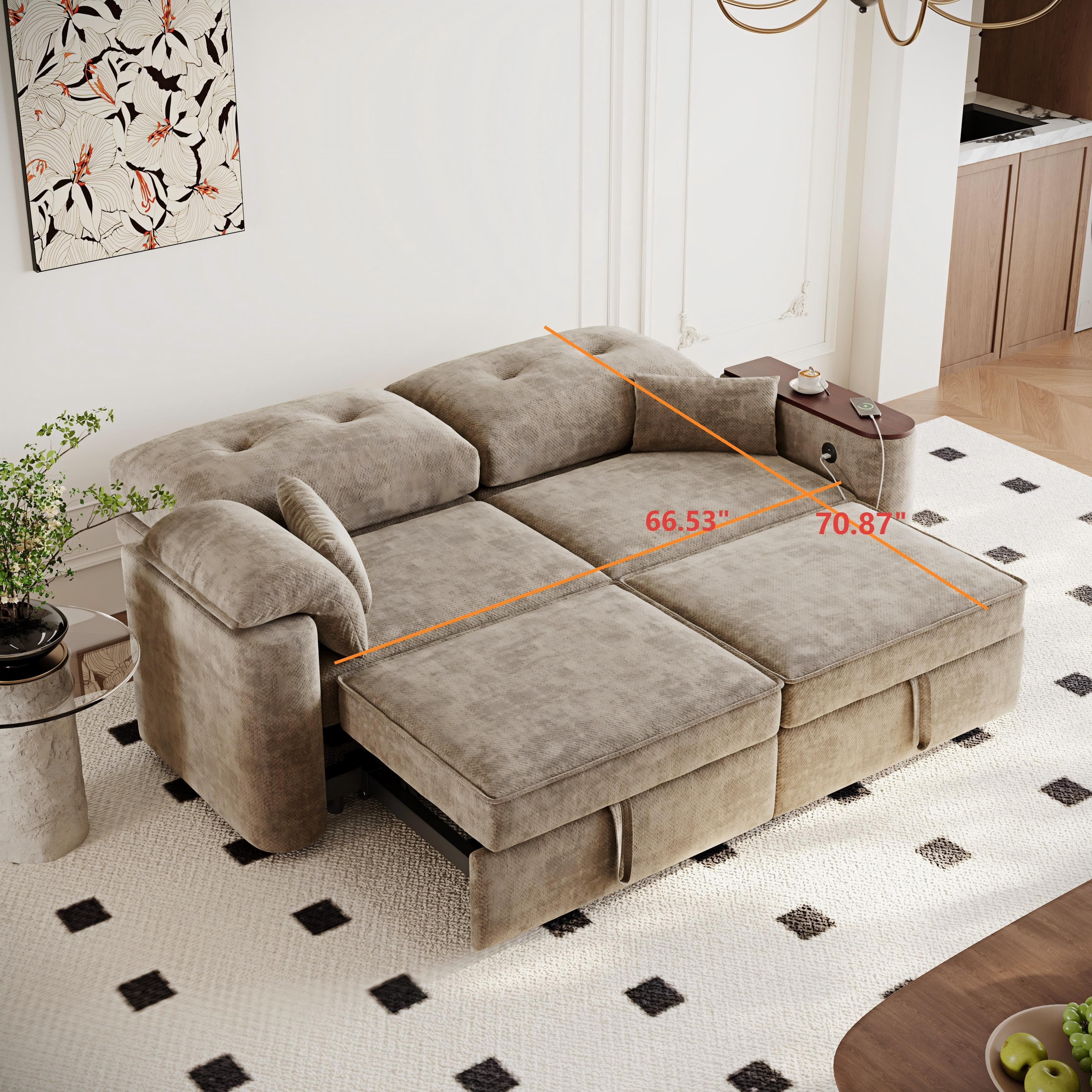 Aukfa 82" 3-in-1 Convertible Sleeper Sofa, Modern Chenille Queen Pull-Out Sofa Bed with USB/Type-C Ports & Rotating Side Table for Living Room & Apartment,Khaki