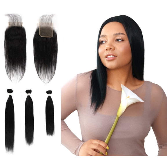 LUXLUXE Women Rico 100% Unprocessed A7 Grade Human Hair Bundle Free Part 4X4 Hand Tied Swiss Lace Closure
