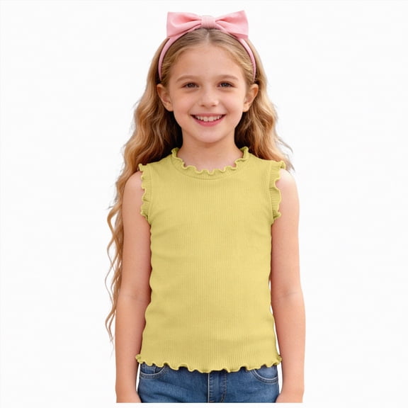 Hessimy Girl's Short Sleeve T Shirts Basic Scoop Neck Tees Slim Fit Casual Summer Tops(Yellow,7-8 Years)