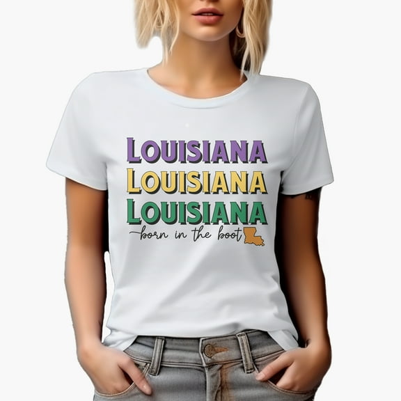 Louisiana, Born in the Boot with State Map Art Merch Gift, White T-Shirt, Small