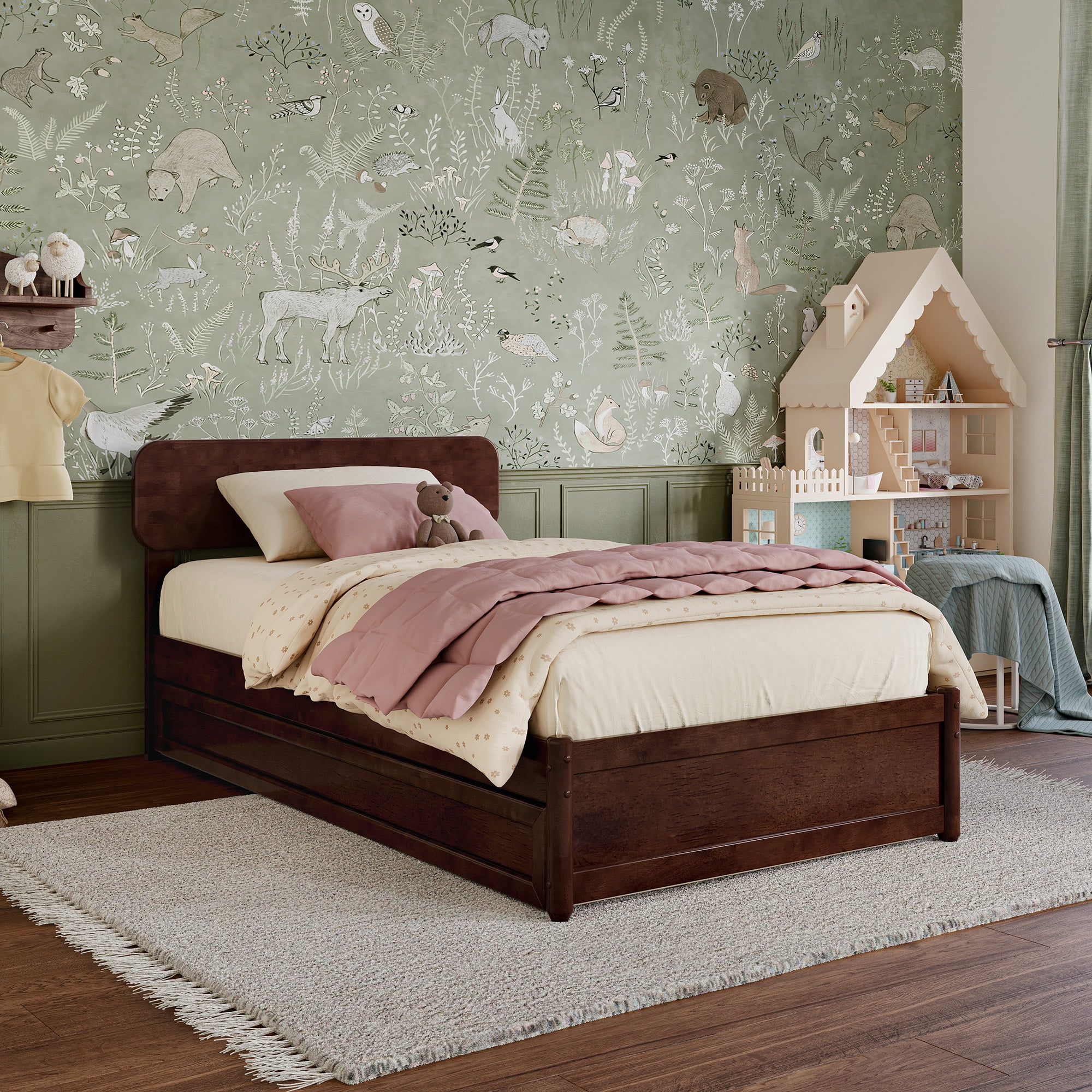 AFI Capri Twin Solid Wood Platform Bed with Panel Footboard and Twin Trundle, Walnut