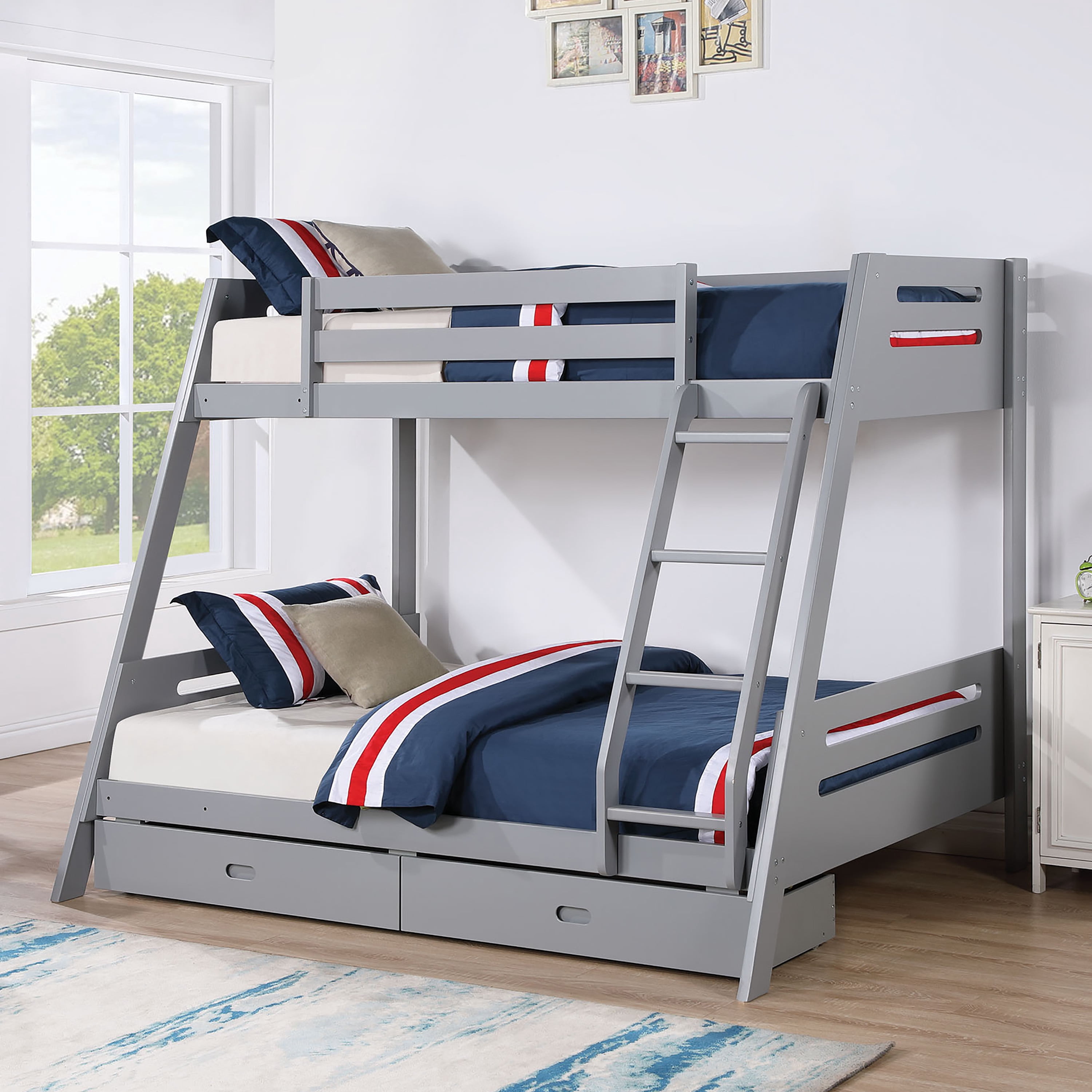 Furniture of America Bria Kids Solid Wood Twin-over-Full Bunk Bed, Gray