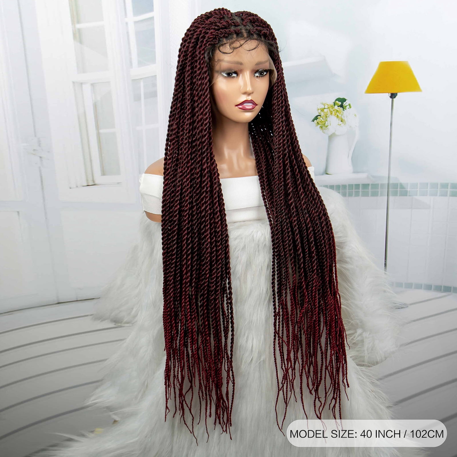 Super Long 40 Inches Twist Braided Wigs Synthetic Full Lace Frontal Wig Knotless Braiding Wigs Pre Plucked with Baby Hair for Black Women 1B/BUG Color