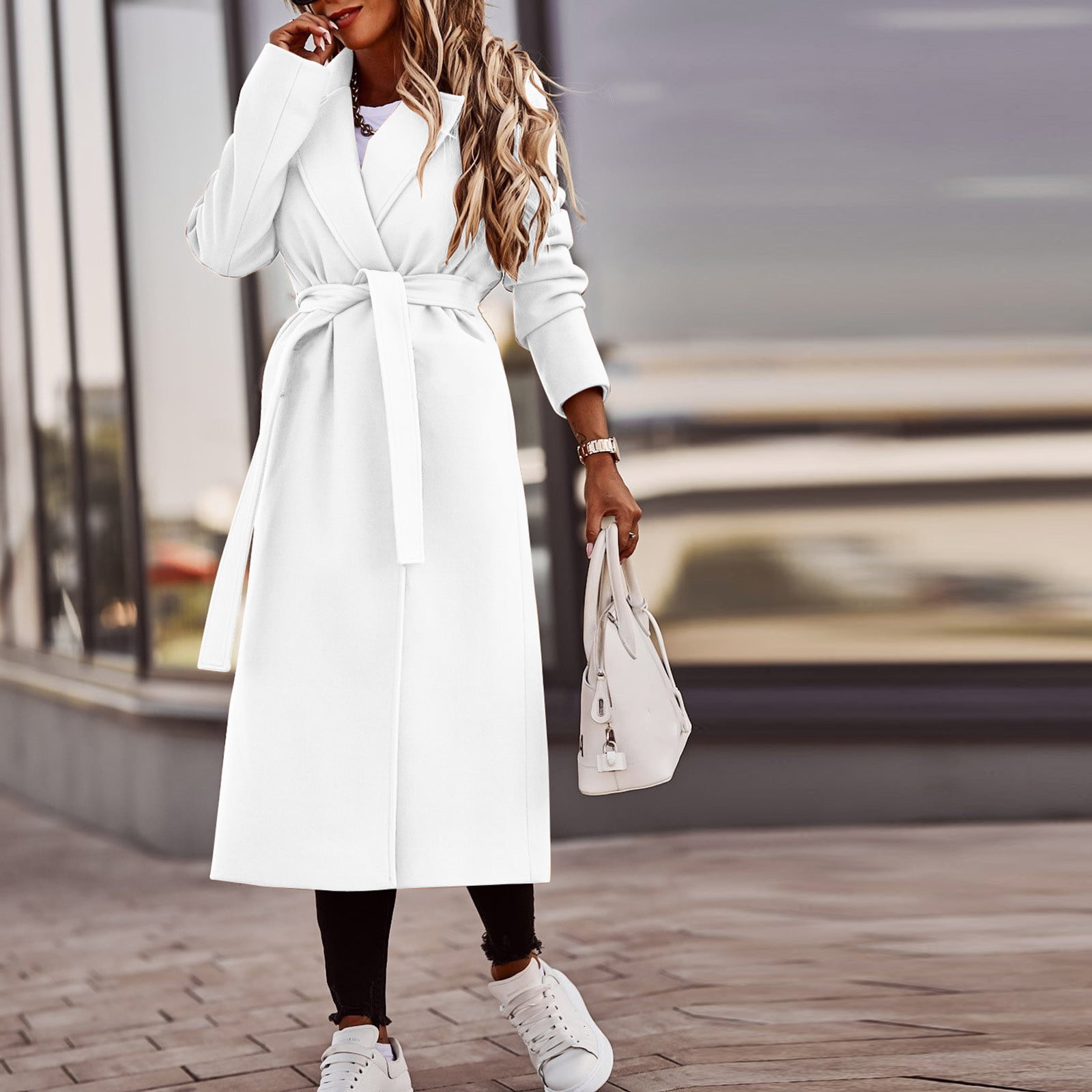 MRULIC winter coats for women Women's Faux Wool Coat Blouse Thin Coat  Trench Long Jacket Ladies Slim Long Belt Elegant Overcoat Outwear White +  XXL