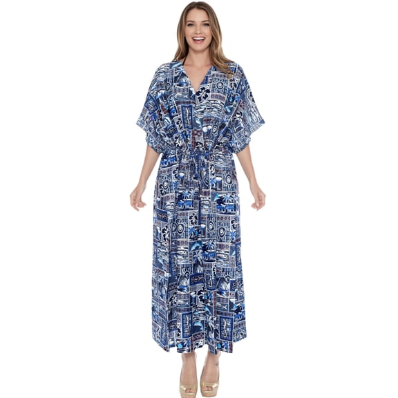 HAPPY BAY Women's Summer Loungewear Loose Slit Dress Caftan Long Boho Night Shirts 2X-3X Aegean, Floral