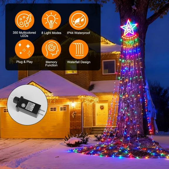 Moclever 11.48ft Christmas  Waterfall Tree String Light with 350 LEDs, Multicolored Indoor Outdoor Waterproof String Lights with  Topper 8 Light Modes Memory Function