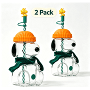 Snoopy Inspired Cartoon Dog Glass Cup with Straw, Knitted Beanie Hat and Scarf Decor, 10 oz Clear Tumbler, 2 Packs