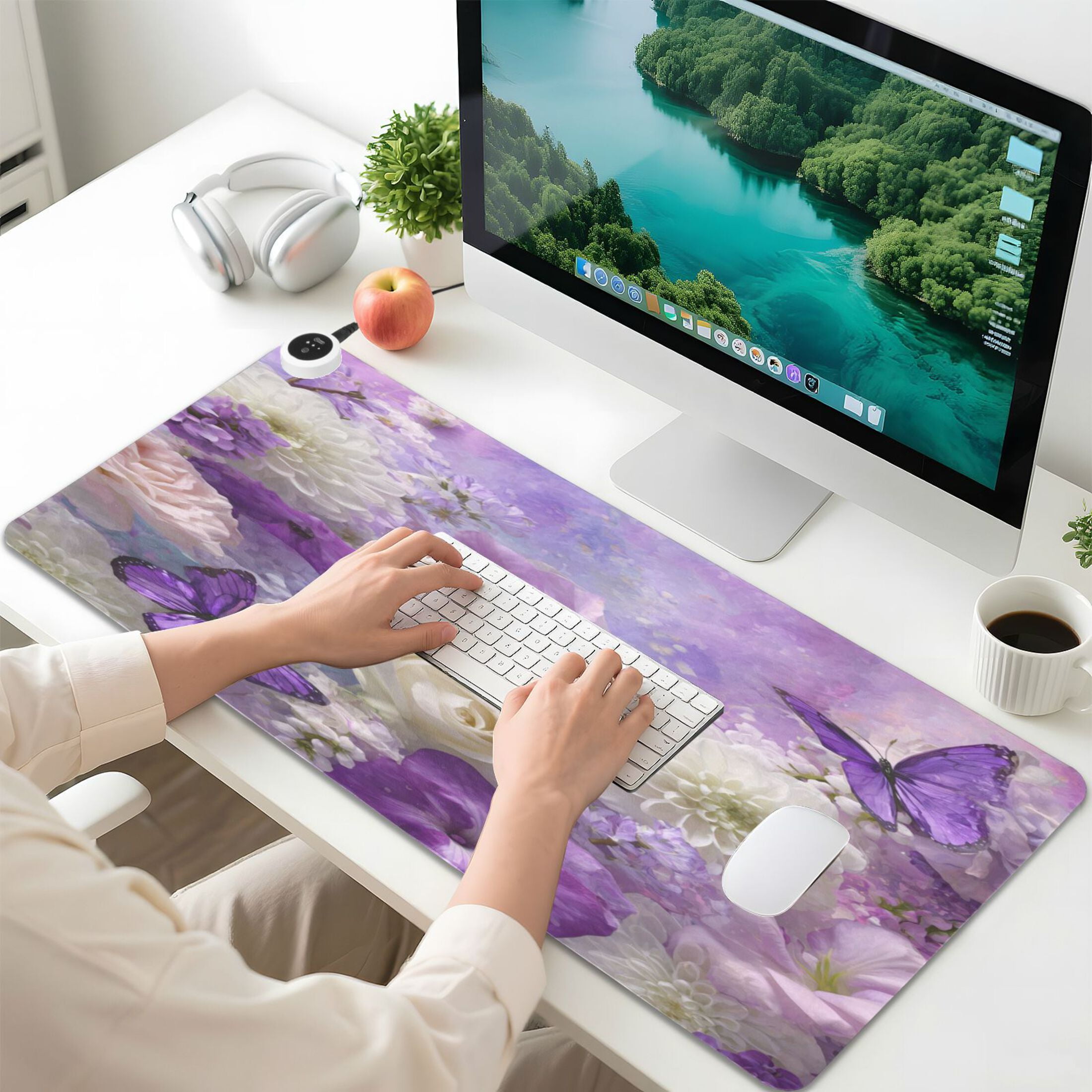 Wobogo Purple Butterfly Floral Heated Mouse Pad Extra-Large Desk Mat With 3 Heating Levels and 3-hour Auto Shut-Off Protection Ideal for Computer Keyboards Home Office Hand-warming Essential 31.5in ×