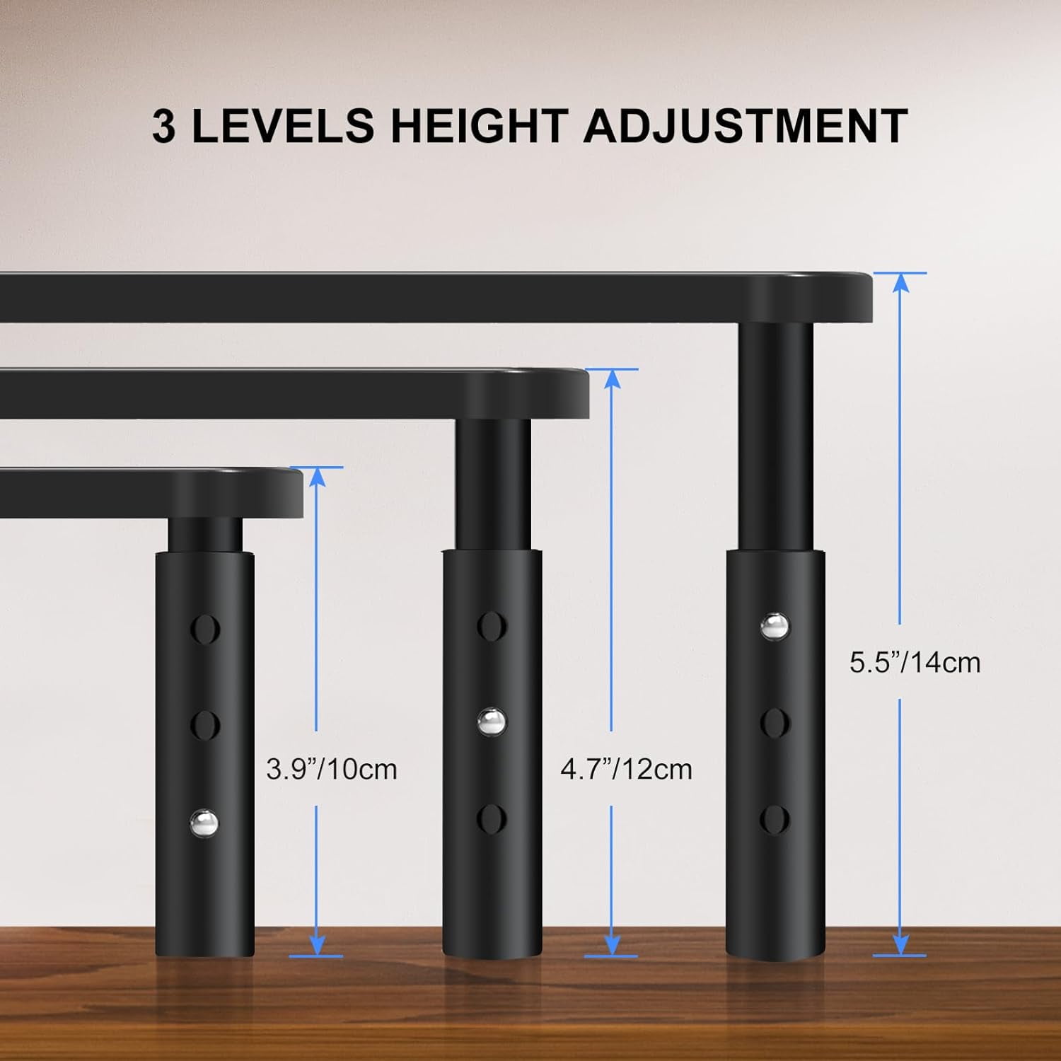 Behome 2 Pack Monitor Stand, Desk Monitor Riser 3 Height Adjustable, Laptop Riser with Airflow Vents, Desktop Stand for Computer, Printer, Monitor, Laptop, Black Steel, 14.57 in