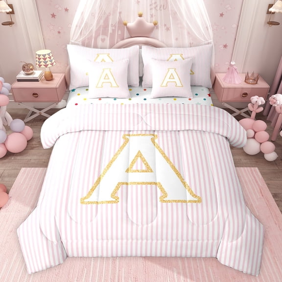 Feelyou Pink Monogrammed A Bedding Comforter Set 7 Pieces for Kids, Fashion Stripes Lines Full Bedding Set, Gold Sequin Print Reversible Fitted Sheet Flat Sheet, Luxury Bedroom Decor