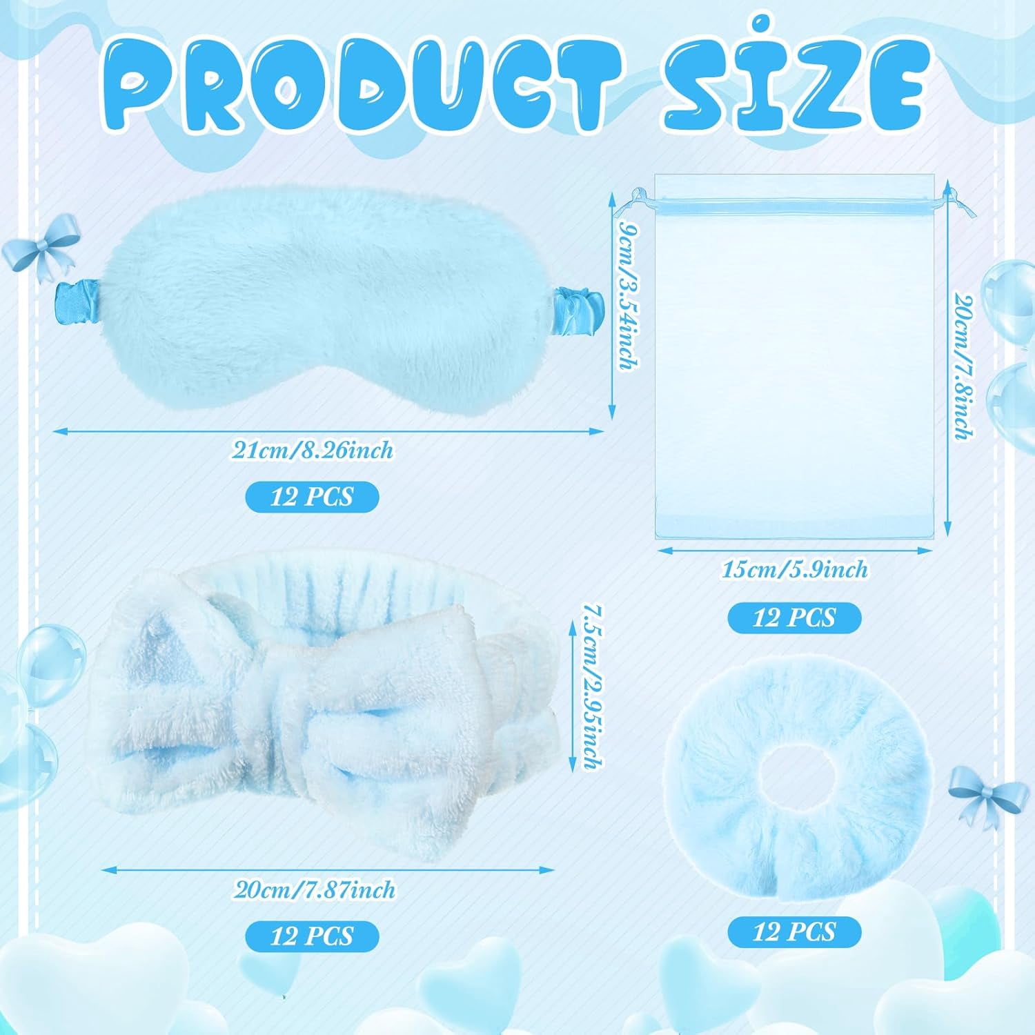 60 Pcs Spa Party Supplies Bulk Include 12 Bow Hairbands 12 Sleep Eye Mask 12 Hair Scrunchies 12 Glitter Cups 12 Organza Bag for Women Sleepover Slumber Spa Party Favor(Blue)