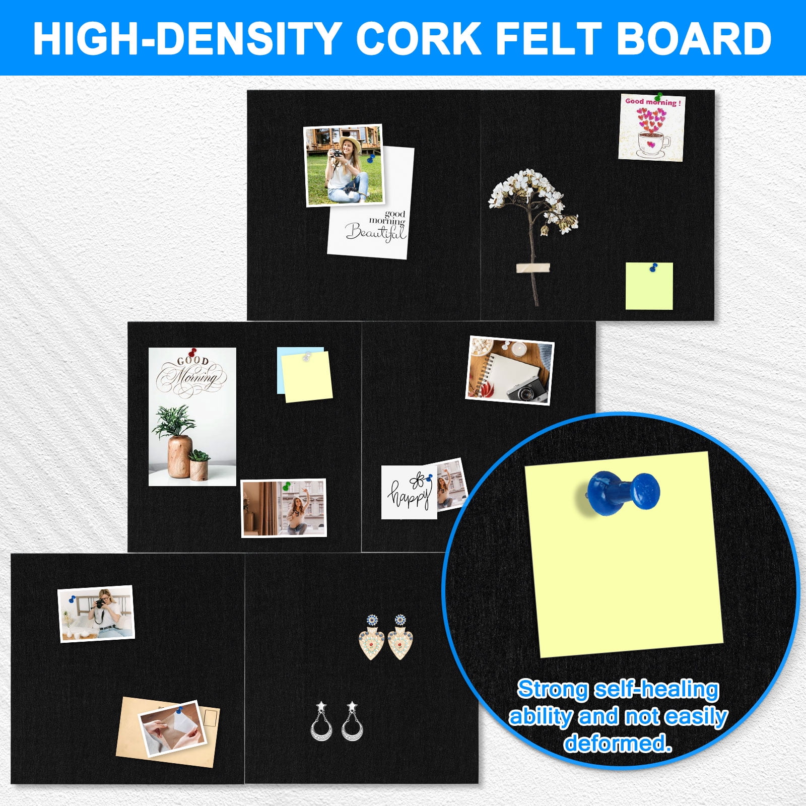 6 Packs Felt Cork Board Tiles 11.8x11.8 Inch, Black Poster Board Cork Bulletin Board Squares Acoustic Panels Soundproof Corkboards for Walls with 60 Pushpins for Home Office Kitchen, Black