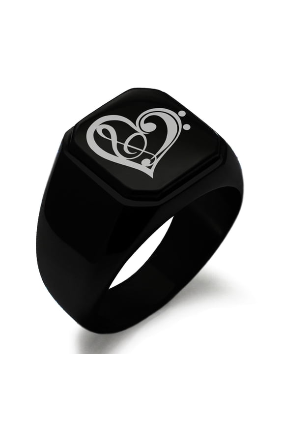 Stainless Steel Treble Bass Clef Heart Engraved Square Flat Top Biker Style Polished Ring