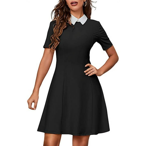 Womens Long Sleeves and Short Sleeves Peter Pan Collar Fit and Flare Wednesday Addam Dresses black XL