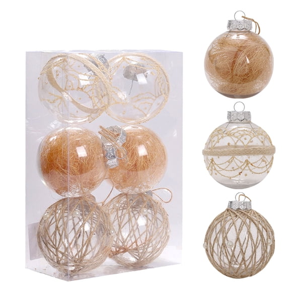 Tkrady Christmas Balls Ornaments,6pcs Rustic Boho Christmas Ornaments Clear Linen Christmas Tree Ornaments With Strips Decorations Shatterproof Decorative Hanging Xmas Tree For Wedding Party Decor