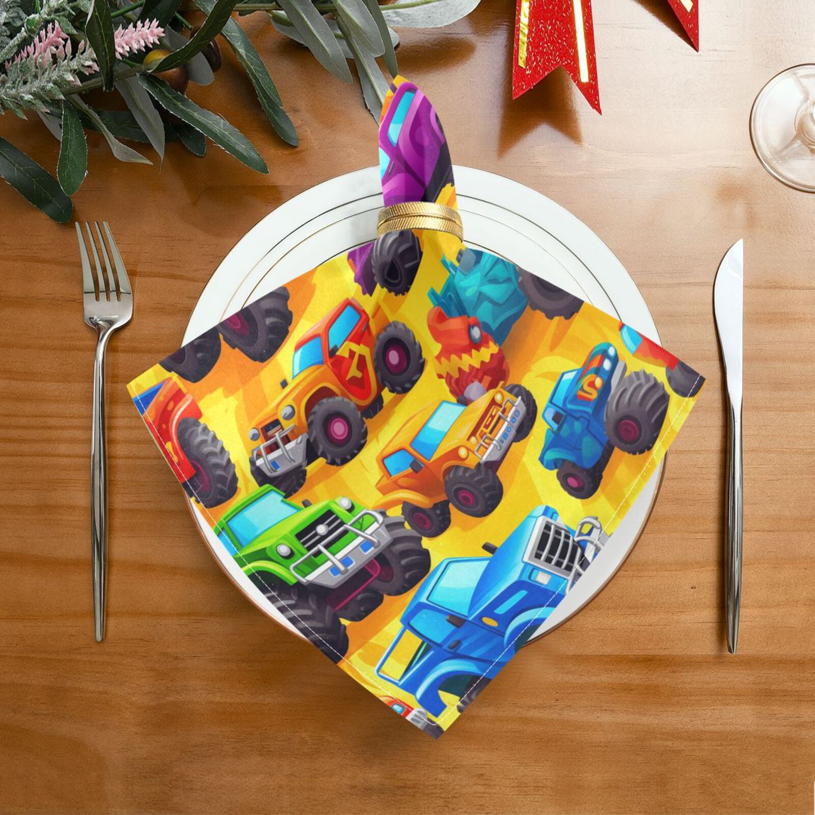 JSTEL Trucks Cartoon Cloth Napkins Set of 6, 20x20 Inch Washable and Reusable Napkin for Decoupage Dinner Party Everyday Use