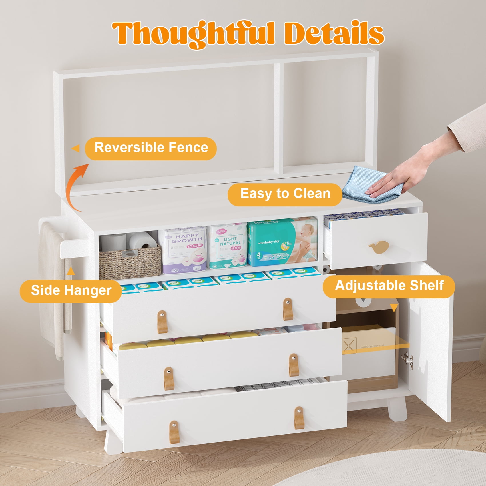 Melidee Baby Dresser with Changing Table, 47" x 17" x 35", 4-Drawer Nursery Organizer with Safety Rail, White